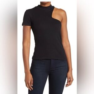 NEW Melrose And Market Women's XS Black Mock Neck Cutout Ribbed T-Shirt Top